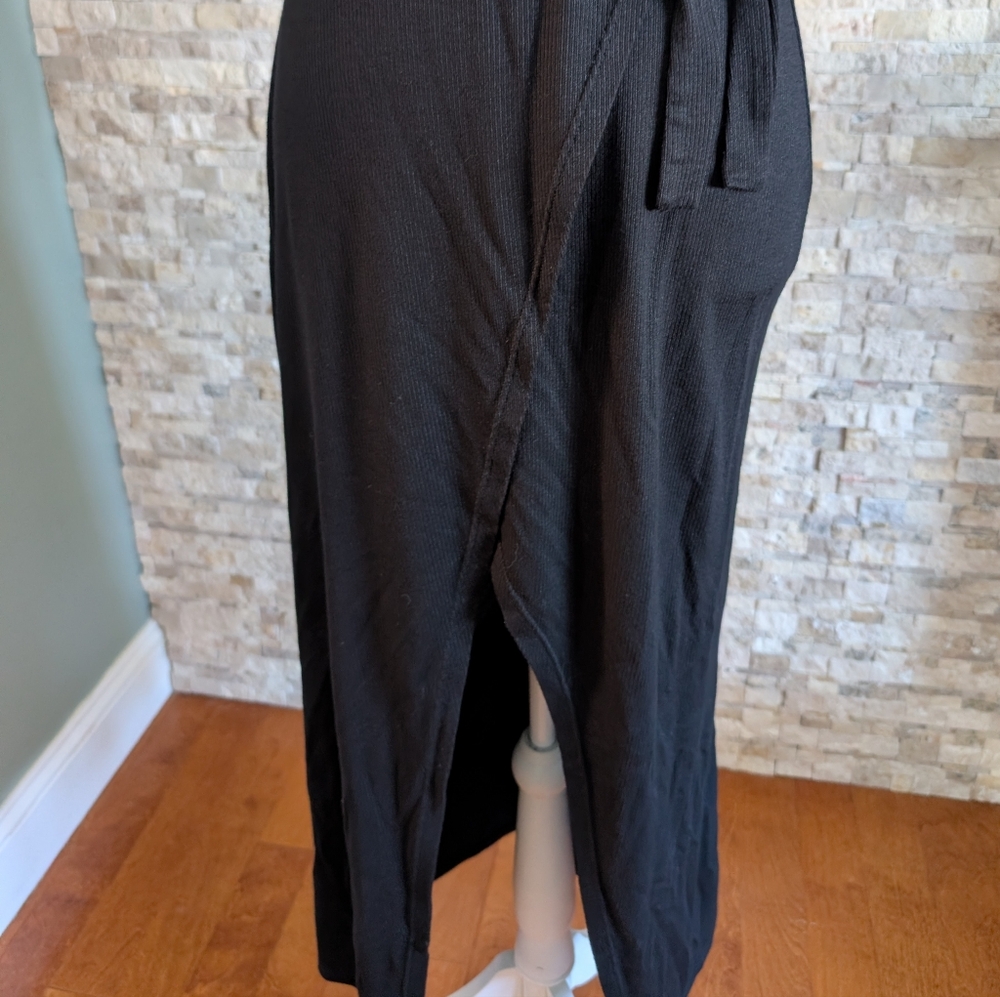 Black Wrap Midi Lightweight Dress Slit Summer Fairy Boho Indie Minimalist Sz M image 4